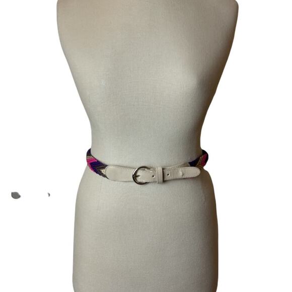 Beige Faux Leather & Multicolor Woven Yarn Belt 33"L~1"W - Picture 3 of 5